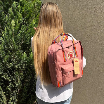 Пудровий рожевий жіночий рюкзак Kanken Classic 16 L з райдужними ручками. Портфель канкен-5