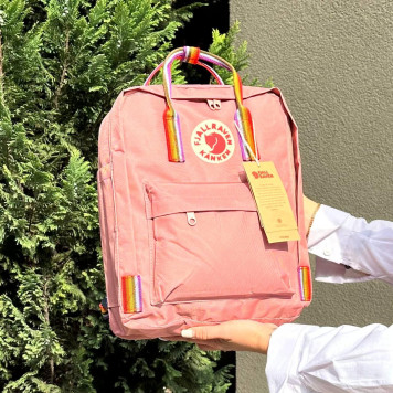 Пудровий рожевий жіночий рюкзак Kanken Classic 16 L з райдужними ручками. Портфель канкен-6
