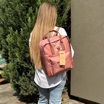 Пудровий рожевий жіночий рюкзак Kanken Classic 16 L з райдужними ручками. Портфель канкен-7