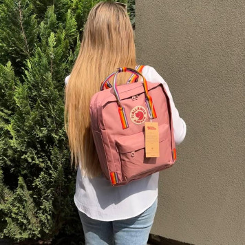 Пудровий рожевий жіночий рюкзак Kanken Classic 16 L з райдужними ручками. Портфель канкен-8