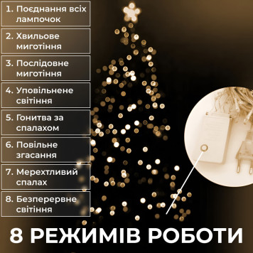 Гірлянда нитка 6м на 100 LED лампочок світлодіодна чорний провід 8 режимів роботи Жовтий-3