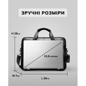 Шкіряна чоловіча сумка для ноутбука і документів чорна 39х28х8, портфель для офісного працівника, чорний-2