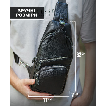 Чоловіча шкіряна сумка-слінг 17х32х7, бананка для роботи та офісу TIDING BAG - MK-96303 чорна-3