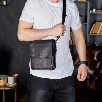 Месенджер із клапаном через плече 24х20х6, шкіряна барсетка Tiding Bag TD-20033 чорна-1