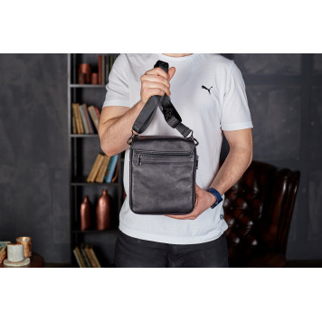 Месенджер із клапаном через плече 24х20х6, шкіряна барсетка Tiding Bag TD-20033 чорна-5