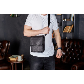 Месенджер із клапаном через плече 24х20х6, шкіряна барсетка Tiding Bag TD-20033 чорна-6