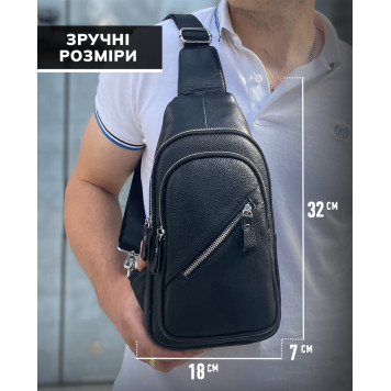 Чоловічий слінг через плече 18х32х7, шкіряна бананка нагрудна, сумка рюкзак Tiding Bag 33737 чорна-3